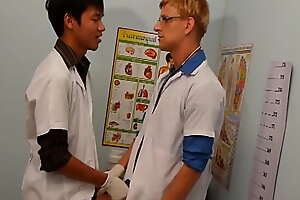 Uniformed twinks offing asian patient in triptych for cum