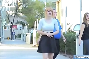 Hot blonde teen Alyssa flash her big natural boobs in a restaurant
