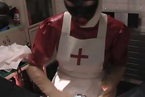 Rubbernurse Agnes - clinic red-hot nurse dress, white apron, black fellatio mask, Part 1: blowjob, handjob, prostata massage