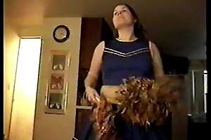 Busty Brunette Cheerleader tricked into sucking guy's horseshit and stroking him off 