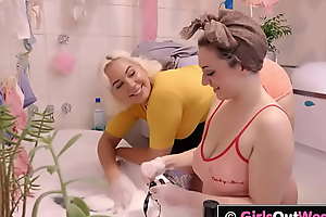 Girls Out West - Busty ladies have lesbian making love in the bathroom