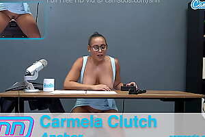Camsoda News Network Reporter reads out news as she rides the sybian